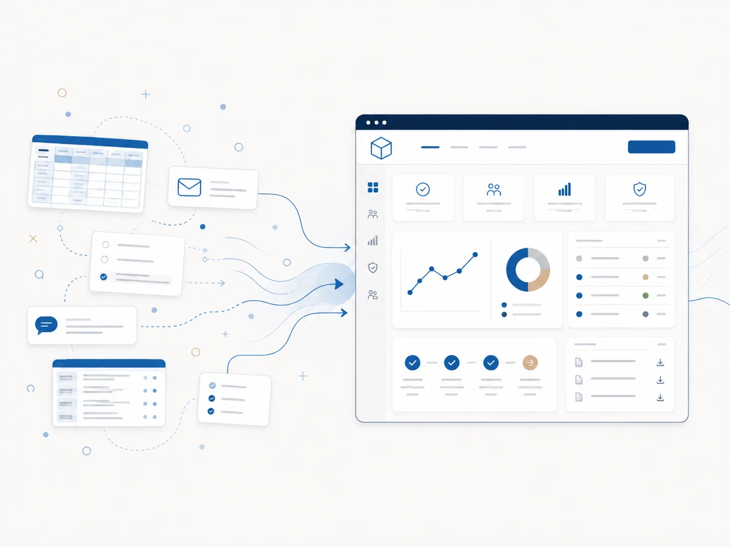 Illustration of business workflows and data flowing into a custom dashboard, portal, and reporting system.